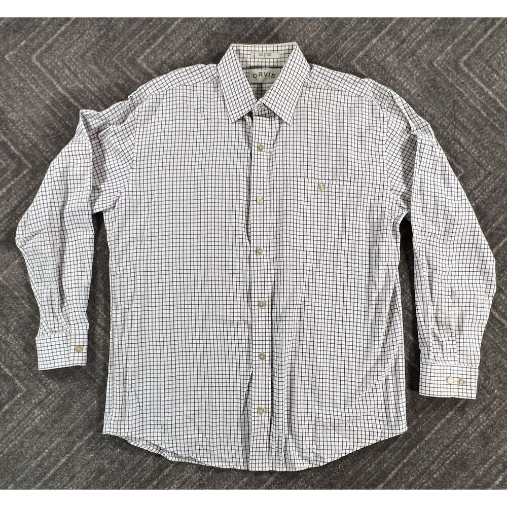 Orvis Men’s Shirt Cotton White Windowpane Long Sleeve Button Up Size Large